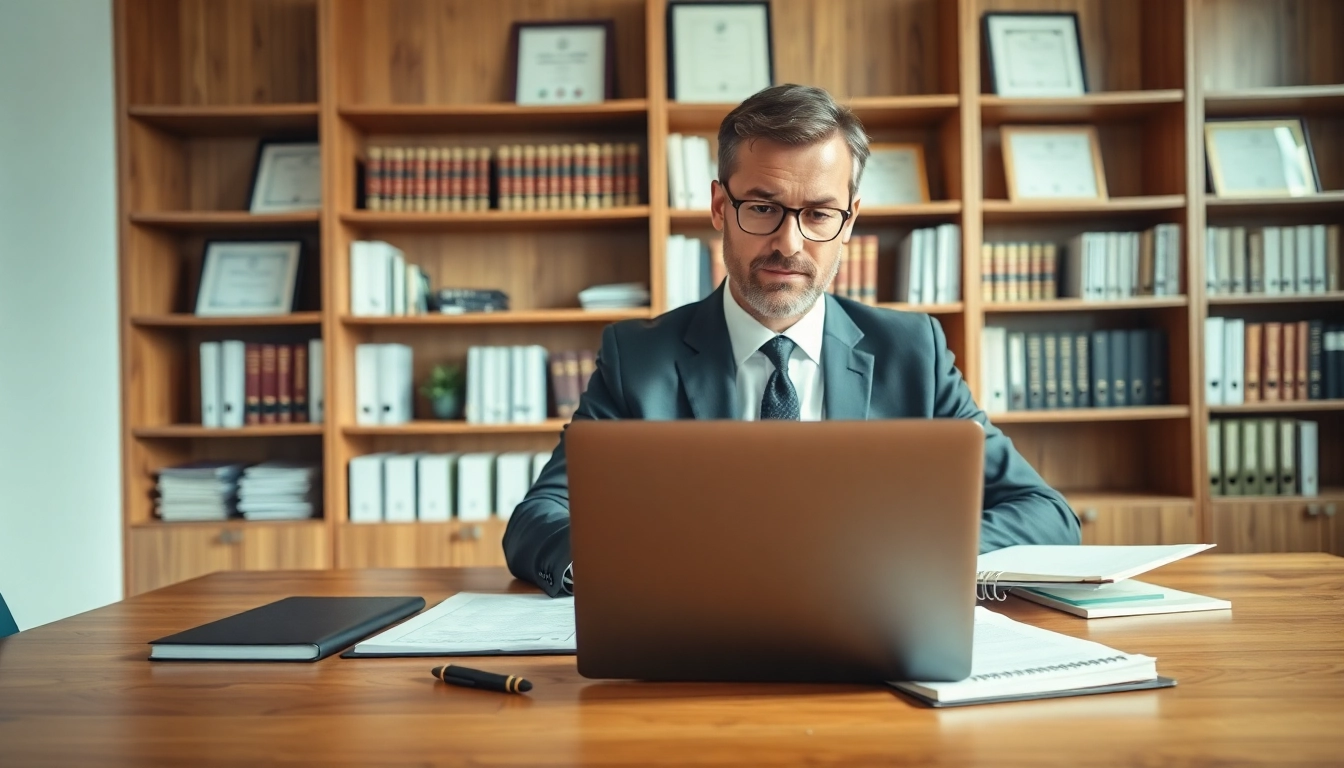 Engaged intellectual property lawyer working diligently in a professional office setting.