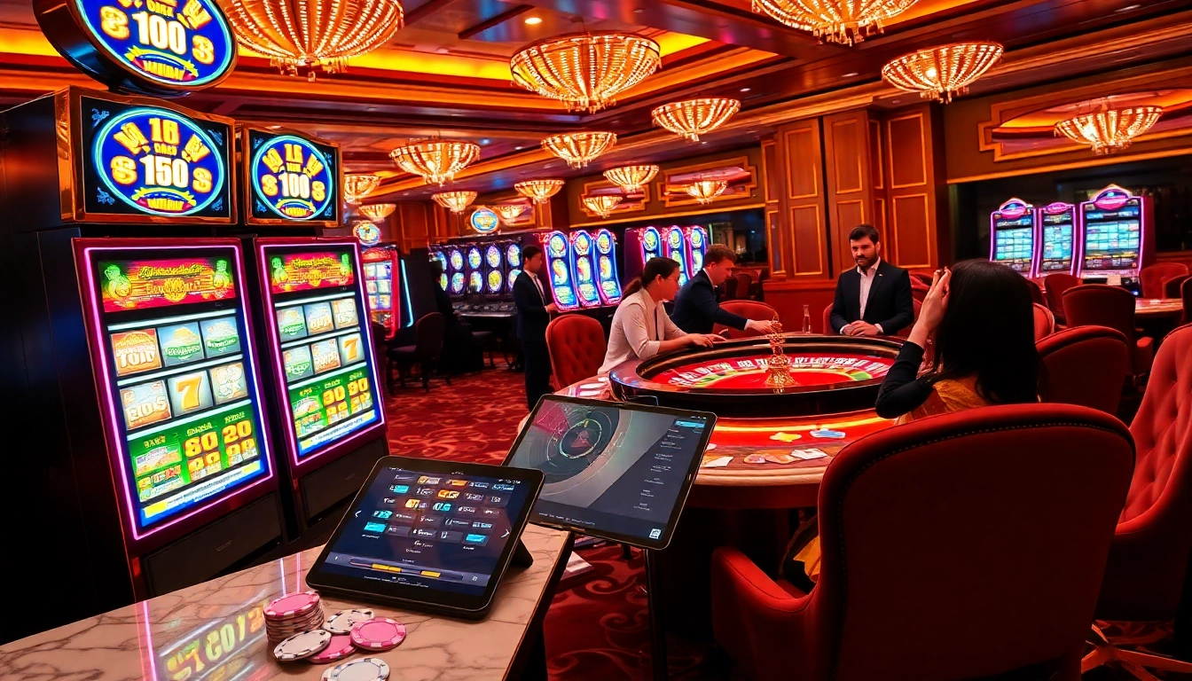 Excited players enjoying slot depo pulsa on vibrant casino slot machines.