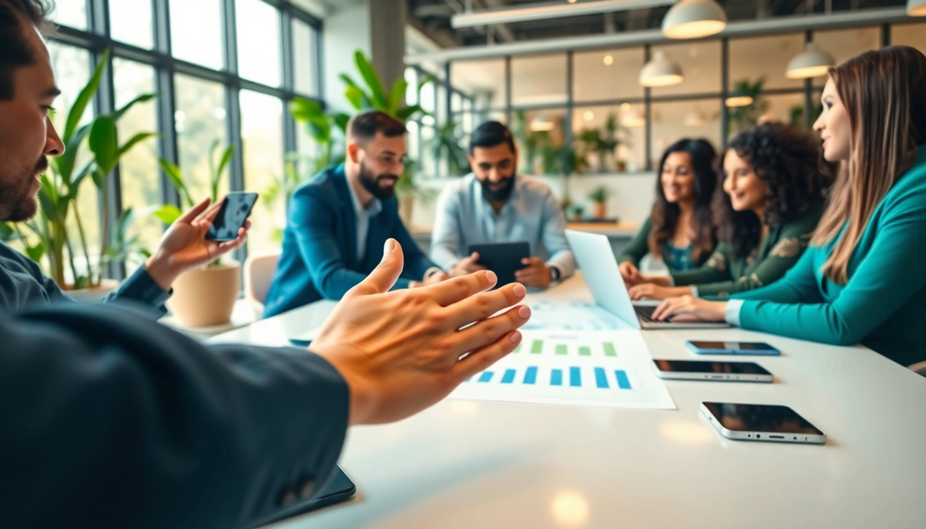 Engaging discussion of business growth insights amongst a diverse team in a modern office.