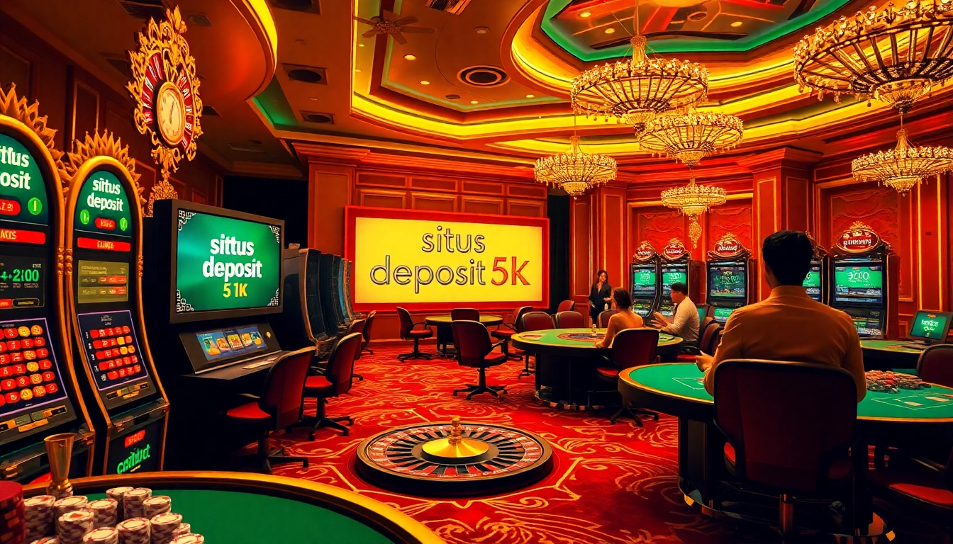 Adegan permainan situs deposit 5k dengan mesin slot berwarna-warni dan meja poker di kasino yang elegan.