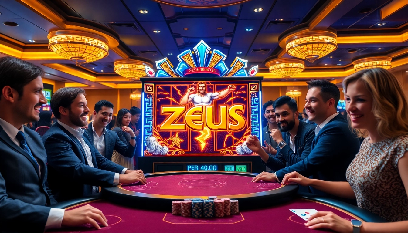 Pemain yang berinteraksi dengan mesin slot Zeus di kasino yang hidup, menampilkan kegembiraan dan kemewahan.