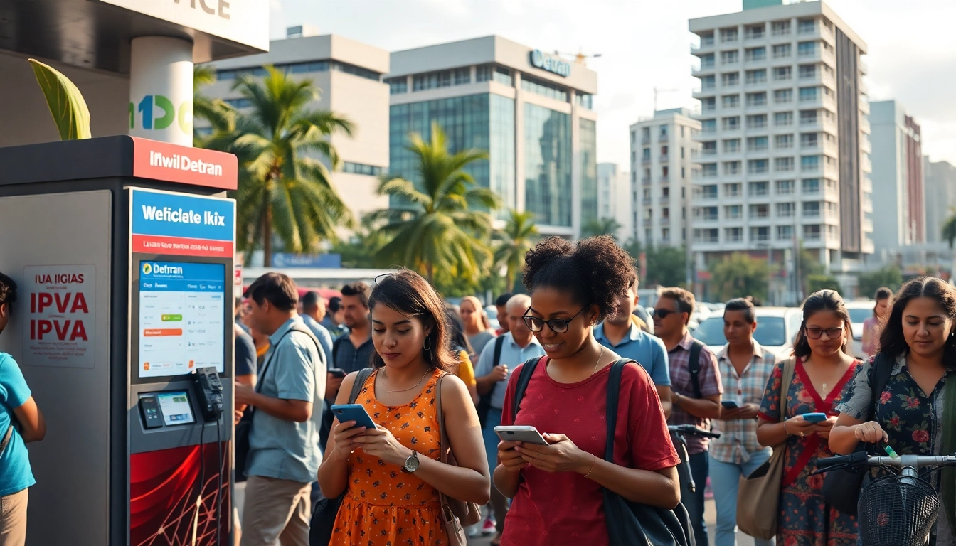 Dynamic urban scene highlighting IPVA GO payments in action, showcasing diverse vehicle owners in Goiás.