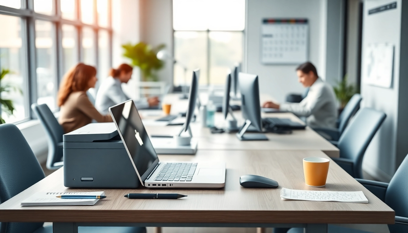 Typing center in a modern office setting showcasing efficient workspace design and productivity tools.