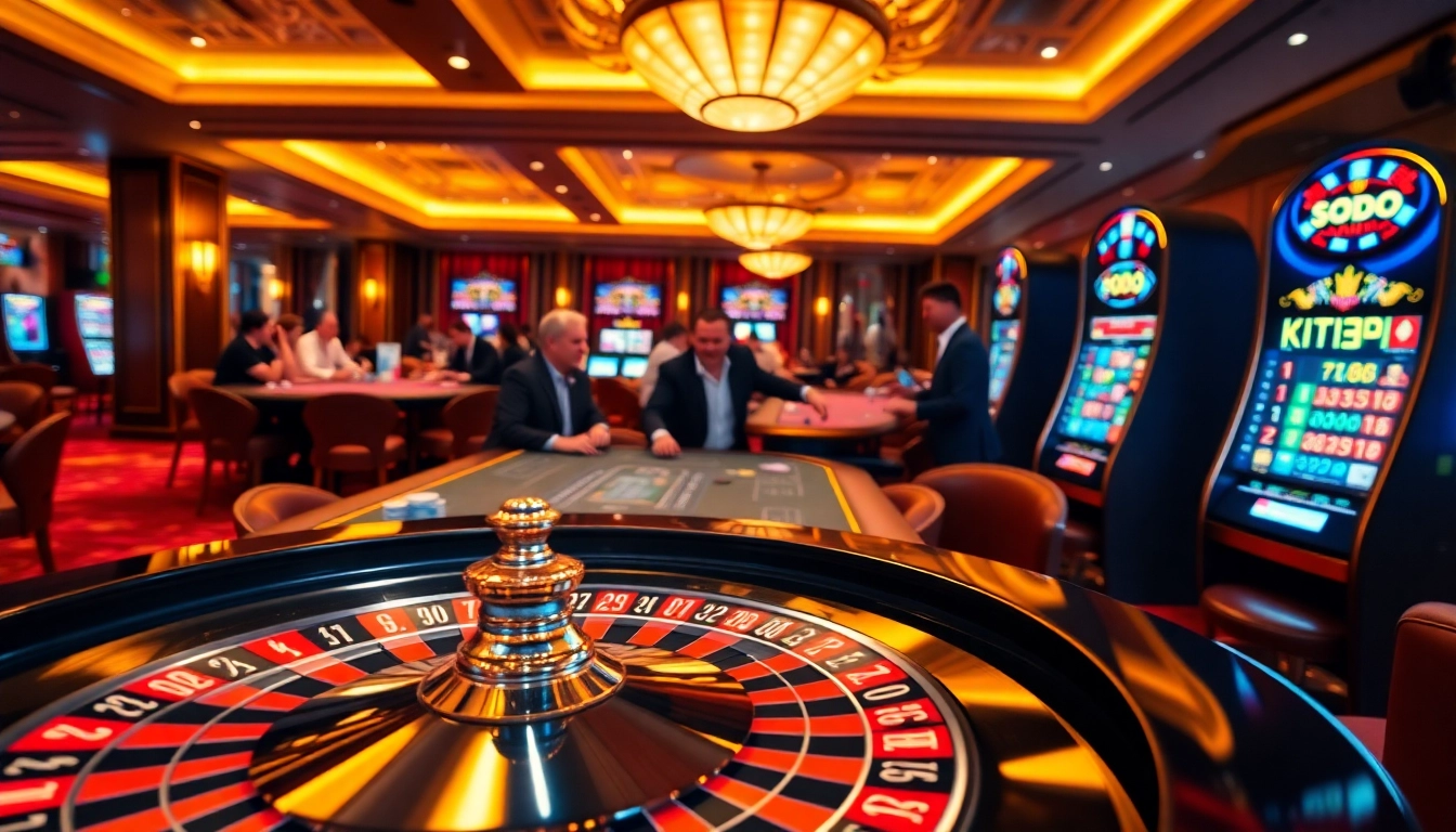 Excitement at SODO Casino with players engaged in poker and a vibrant roulette wheel.