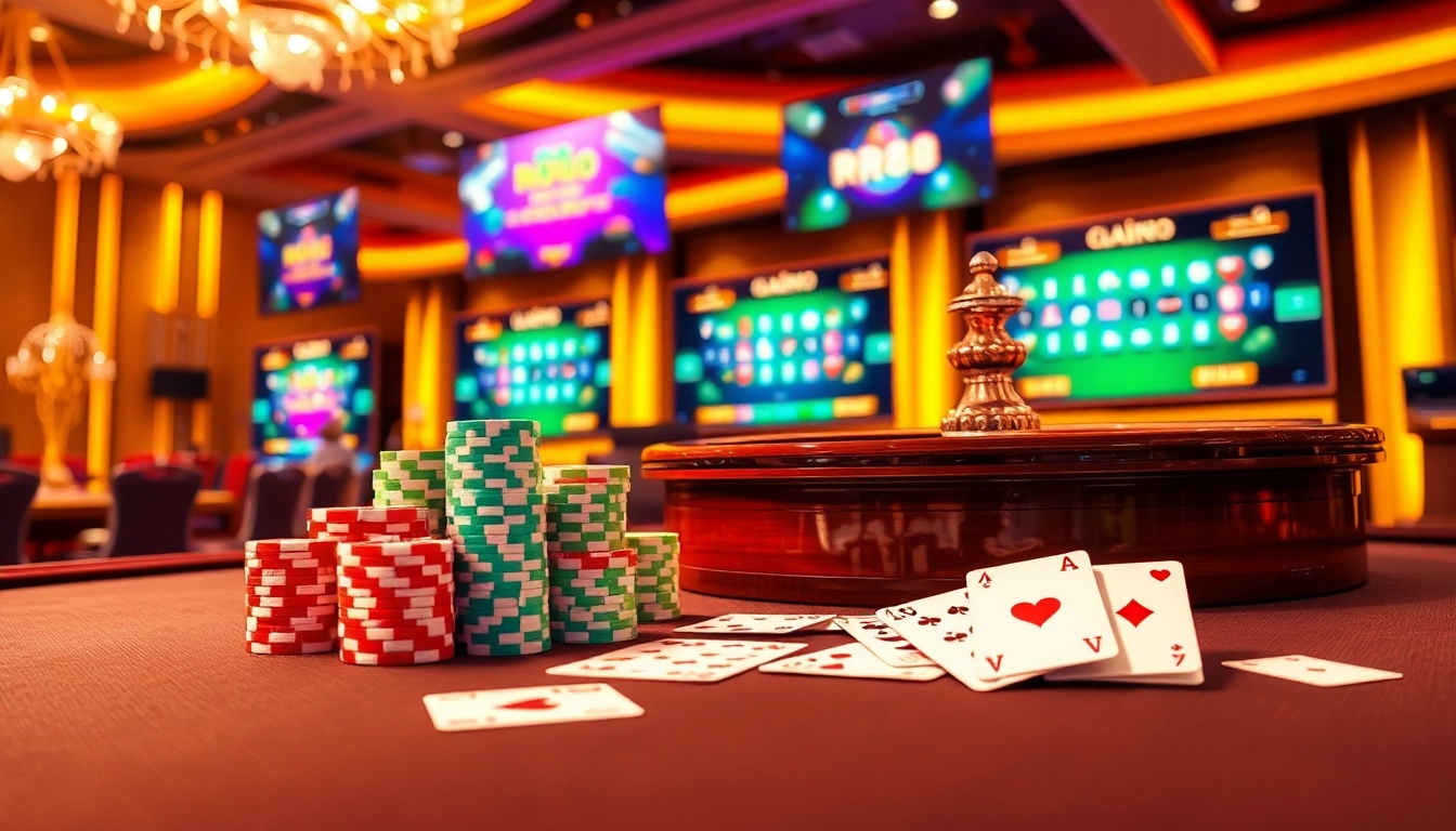 Engaging scene of a luxurious casino with the nhà cái rr88 roulette wheel and poker chips.