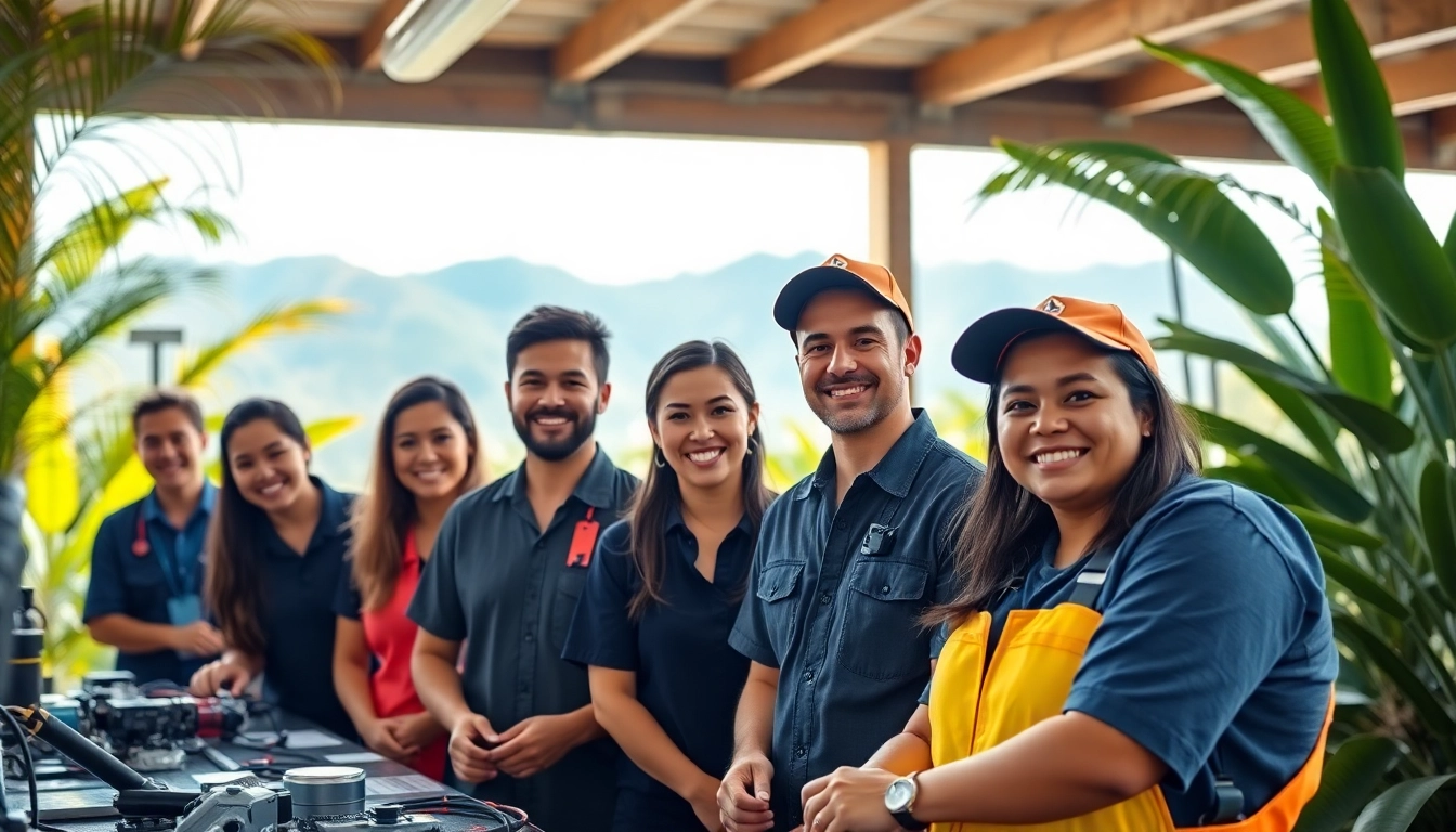 A diverse group of students engaged in practical training at hawaii trade schools.