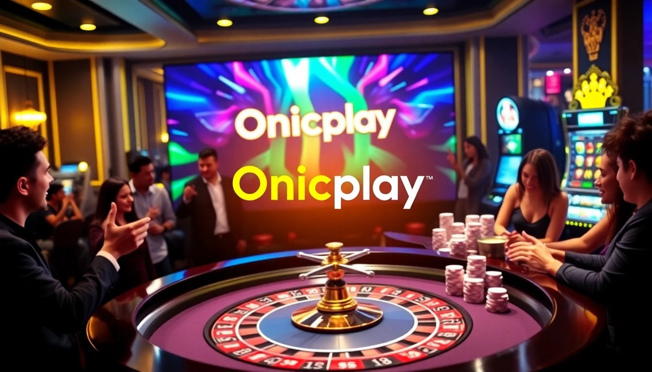 Onicplay slot machine and casino table creating an exciting gambling atmosphere.