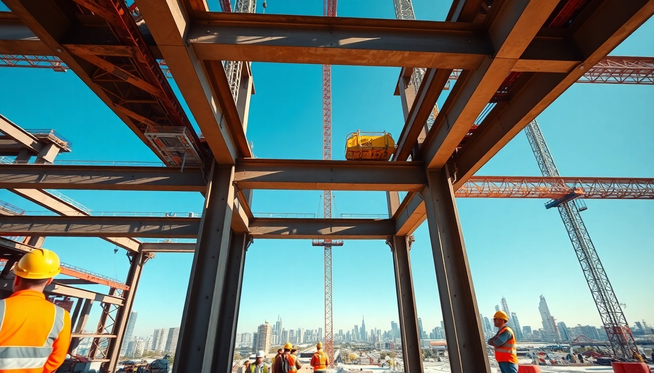 Engaged workers performing structural steel construction at a busy construction site.