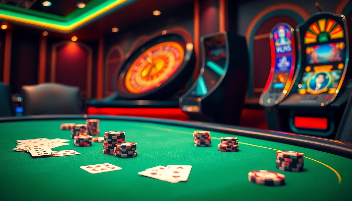 Exciting casino scene featuring poker and roulette inspired by https://nk888.it.com/