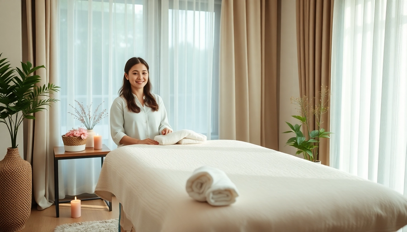 출장마사지 experience with a warm, inviting therapist in a serene home massage setting.