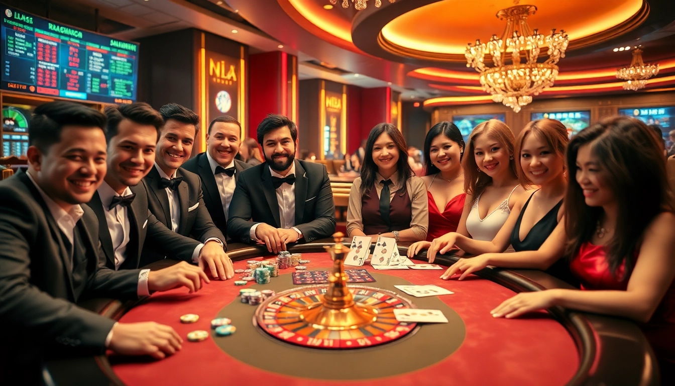 Experience thrilling gambling moments at luongson with vibrant poker tables and roulette wheels featuring engaged players.