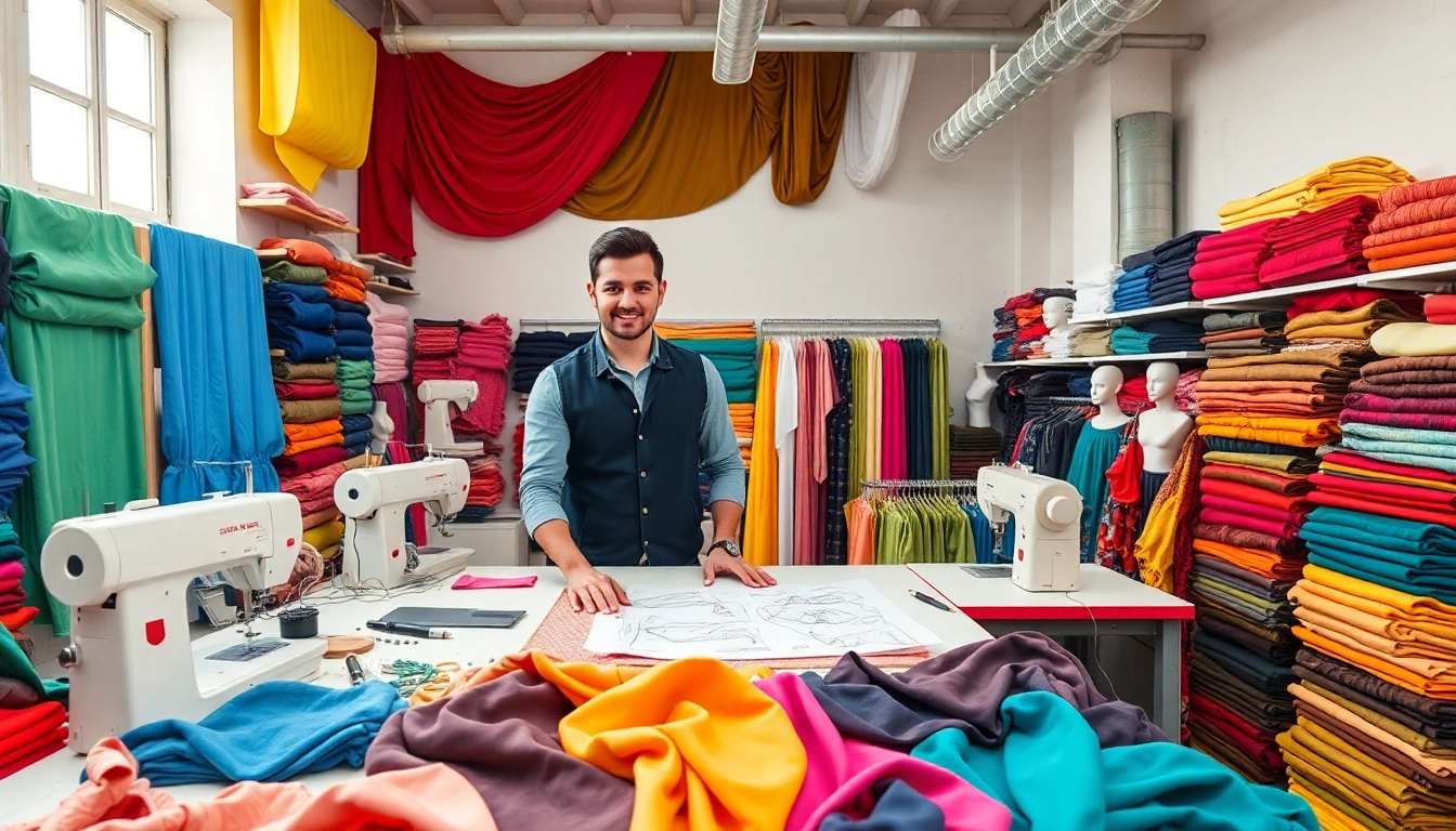 Bekijk spandex stof in een creatieve werkplaats met kleurrijke materialen.