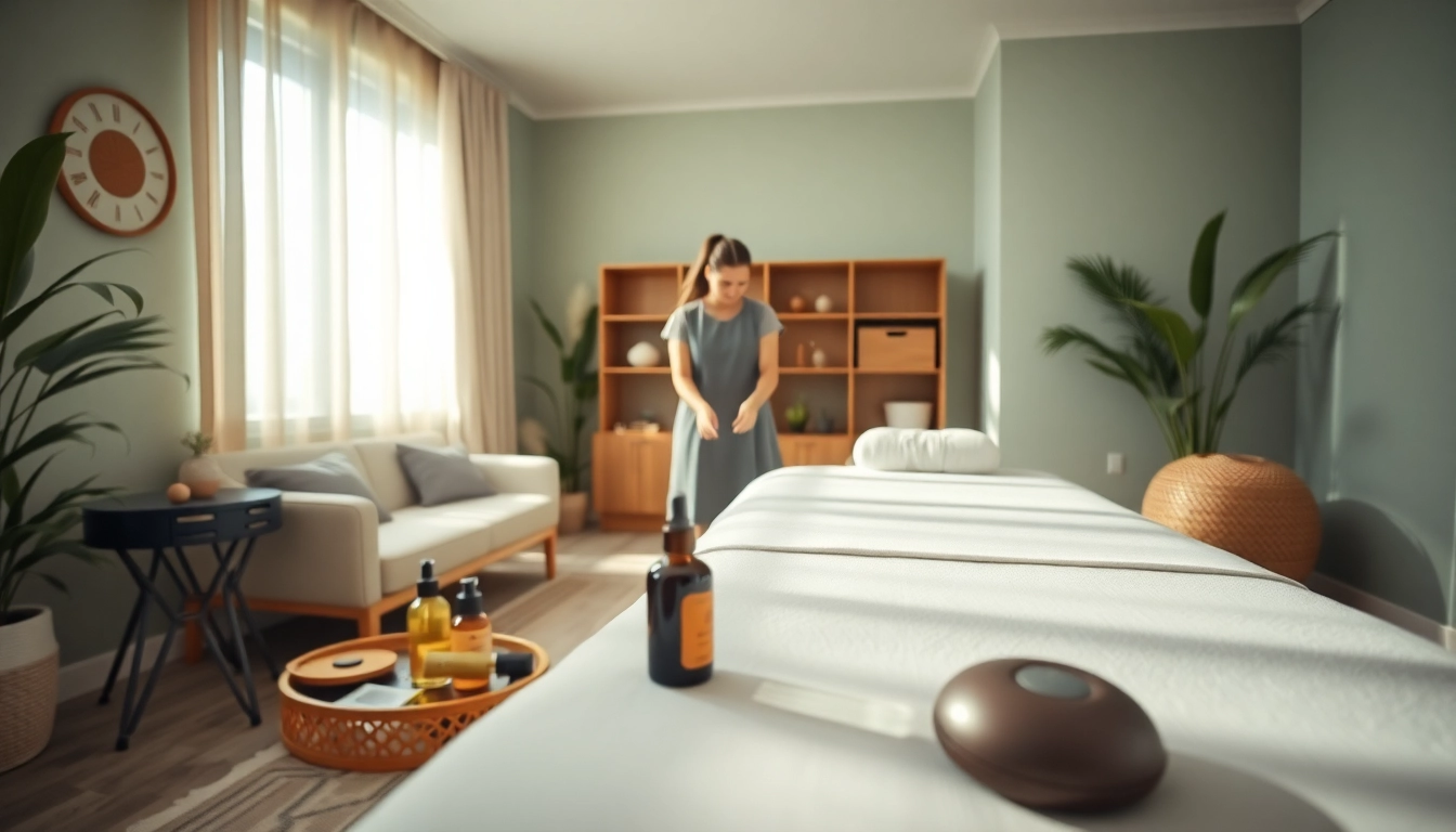 차분한 분위기와 전문 도구를 갖춘 출장마사지 서비스 구성