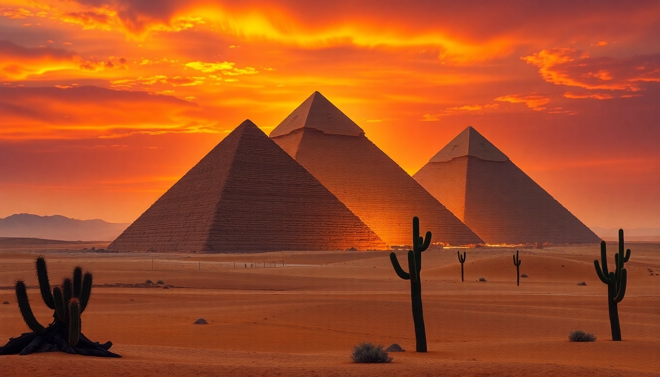 View of the iconic Great Pyramids of Giza, showcasing ancient structures and desert setting, highlighting piraminds.
