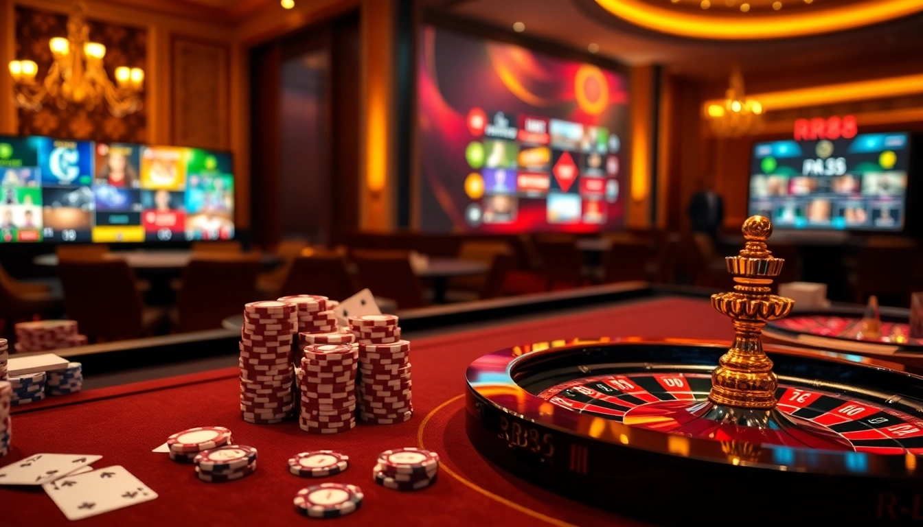 RR88 casino table displaying poker chips and cards for an exciting gaming experience.
