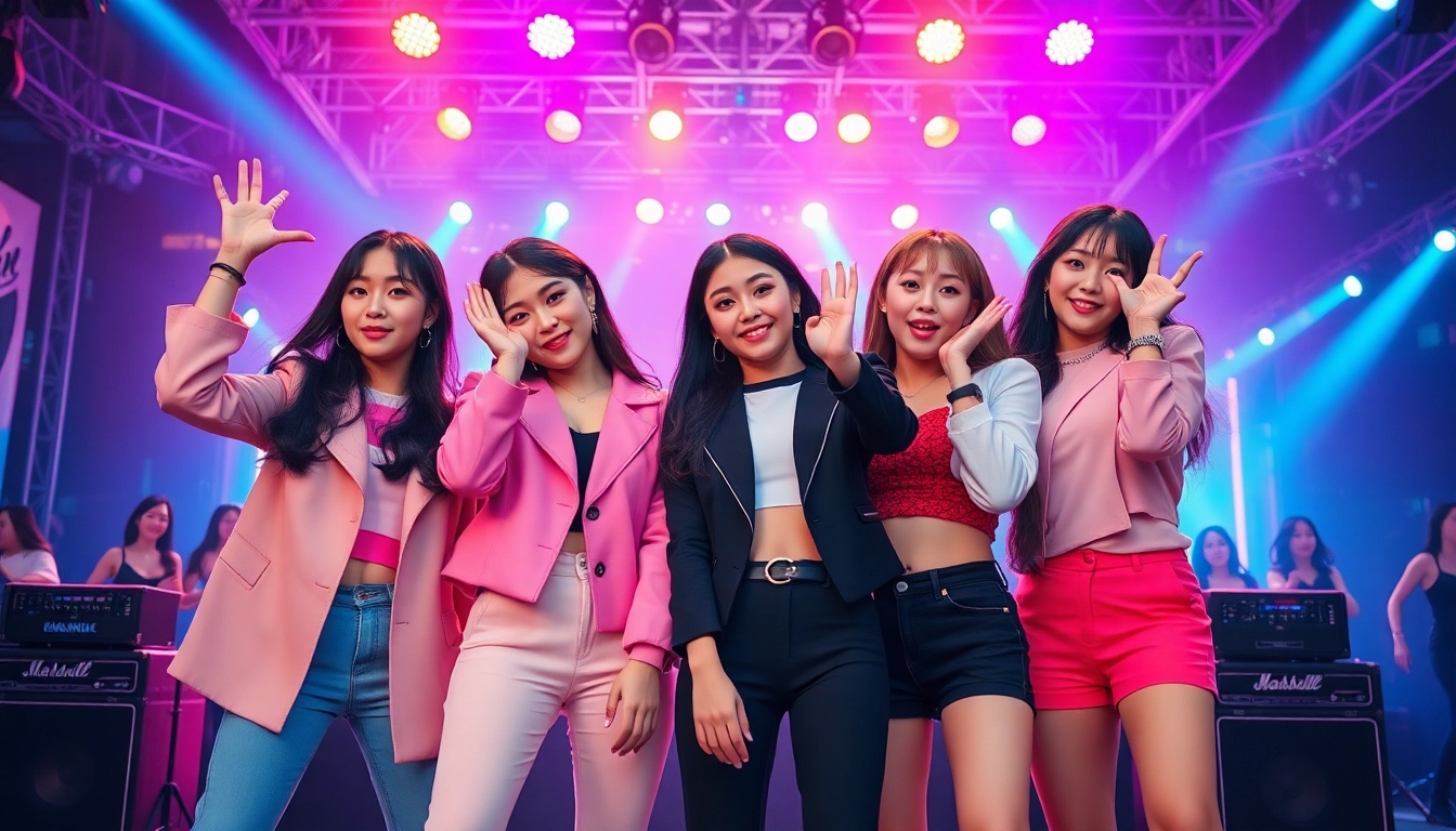 Dynamic performance by the blackpink members Jisoo, Jennie, Rosé, and Lisa amidst vibrant K-pop stage elements.