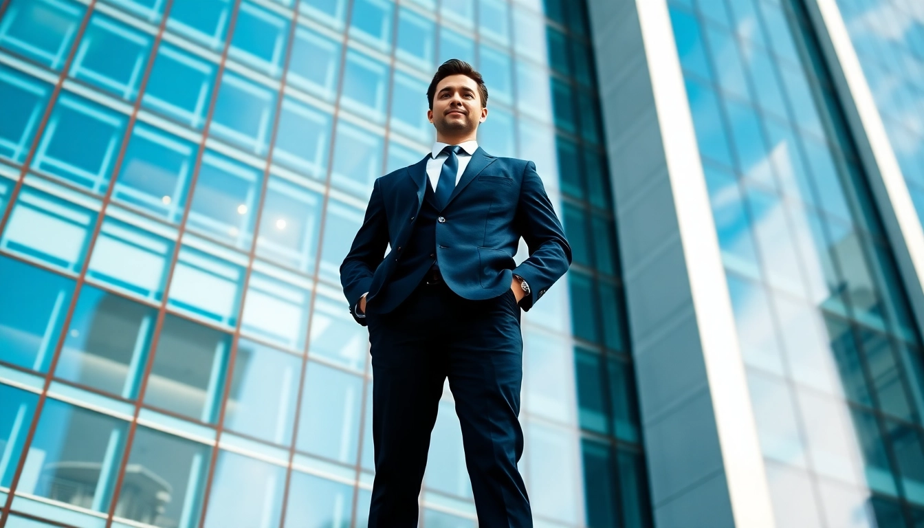 Showcasing standing on business meaning, an entrepreneur confidently poses in front of a modern office.