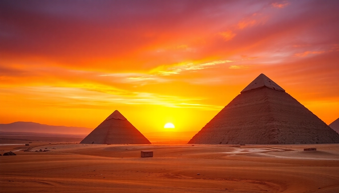 View the towering piramids of Giza set against a dramatic sunset sky with vibrant colors.