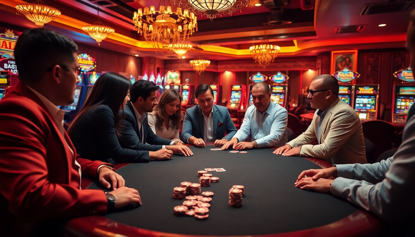 Mostbet oynamag üçün poker masasında müştərilərlə dolu bir kazino görüntüsü.