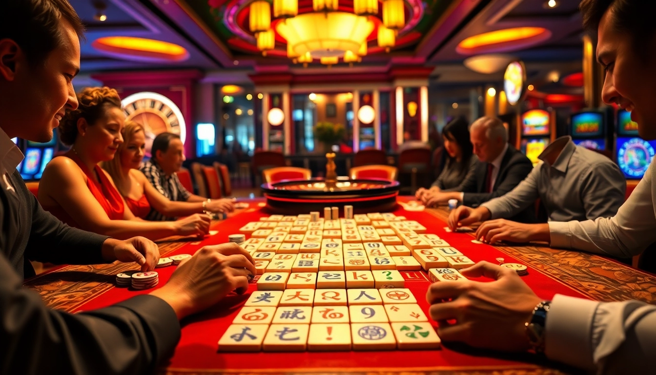 Engage in thrilling link mahjong gameplay amidst a luxurious casino backdrop.