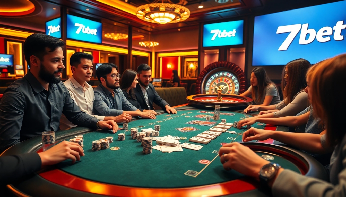 Exciting poker game at 7upbet with vibrant chips and focused players, showcasing thrilling online betting.