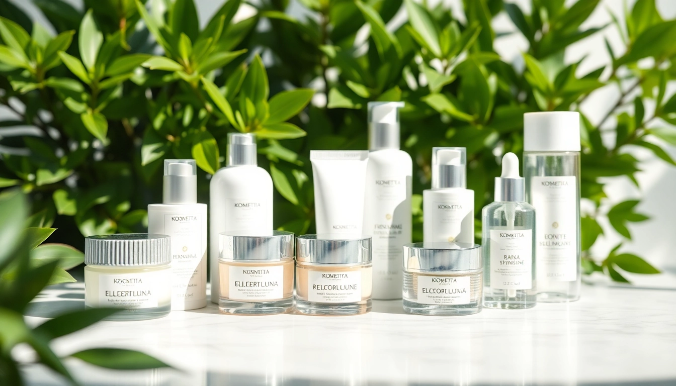 Kosmetika skincare products displayed on a marble countertop with greenery.