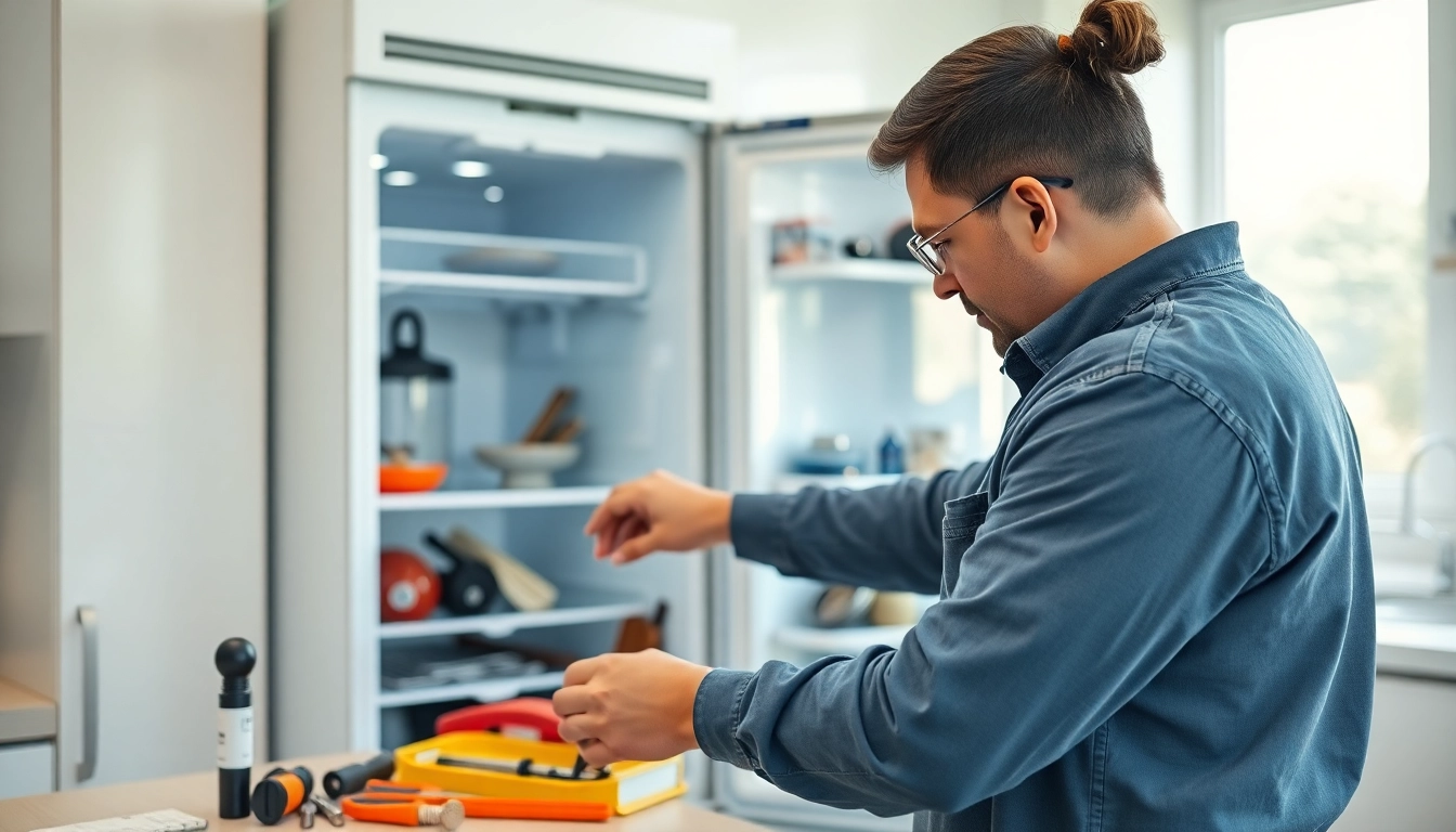 Expert technician performing refrigerator repair ottawa in a bright kitchen.
