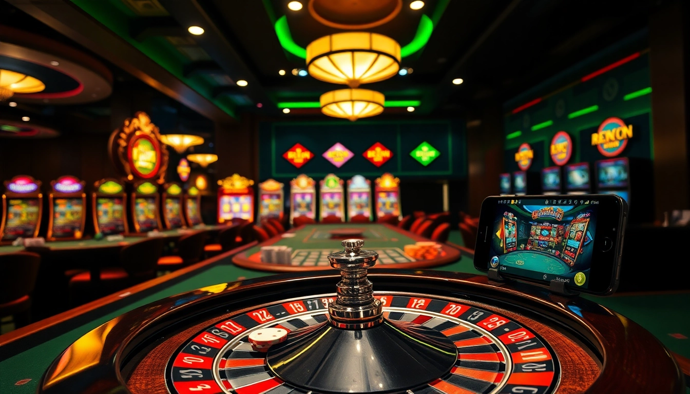 Engaging in a mobile porn game experience at a vibrant casino with poker and slot machines.