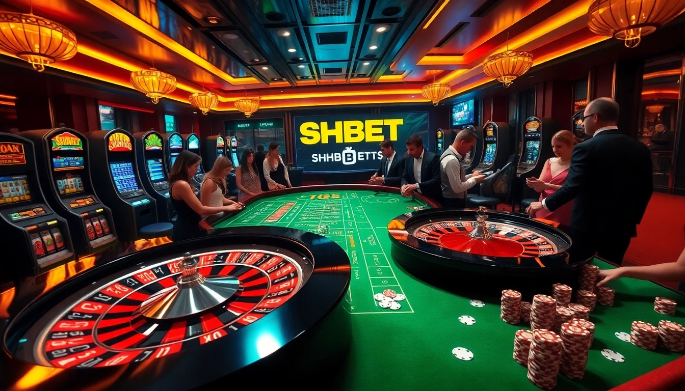 Experience SHBET's excitement with a dynamic casino scene featuring roulette, vibrant slot machines, and engaged players.