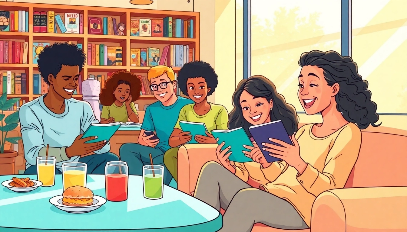 무료웹툰을 즐기는 사람들의 밝고 아늑한 장면을 묘사한 일러스트입니다.