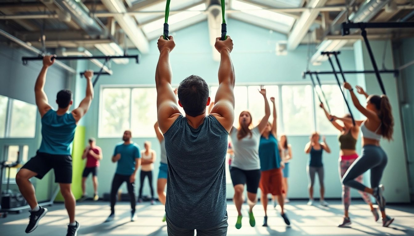 People using pull-up resistance bands for fitness training in a modern gym, showcasing strength and teamwork.