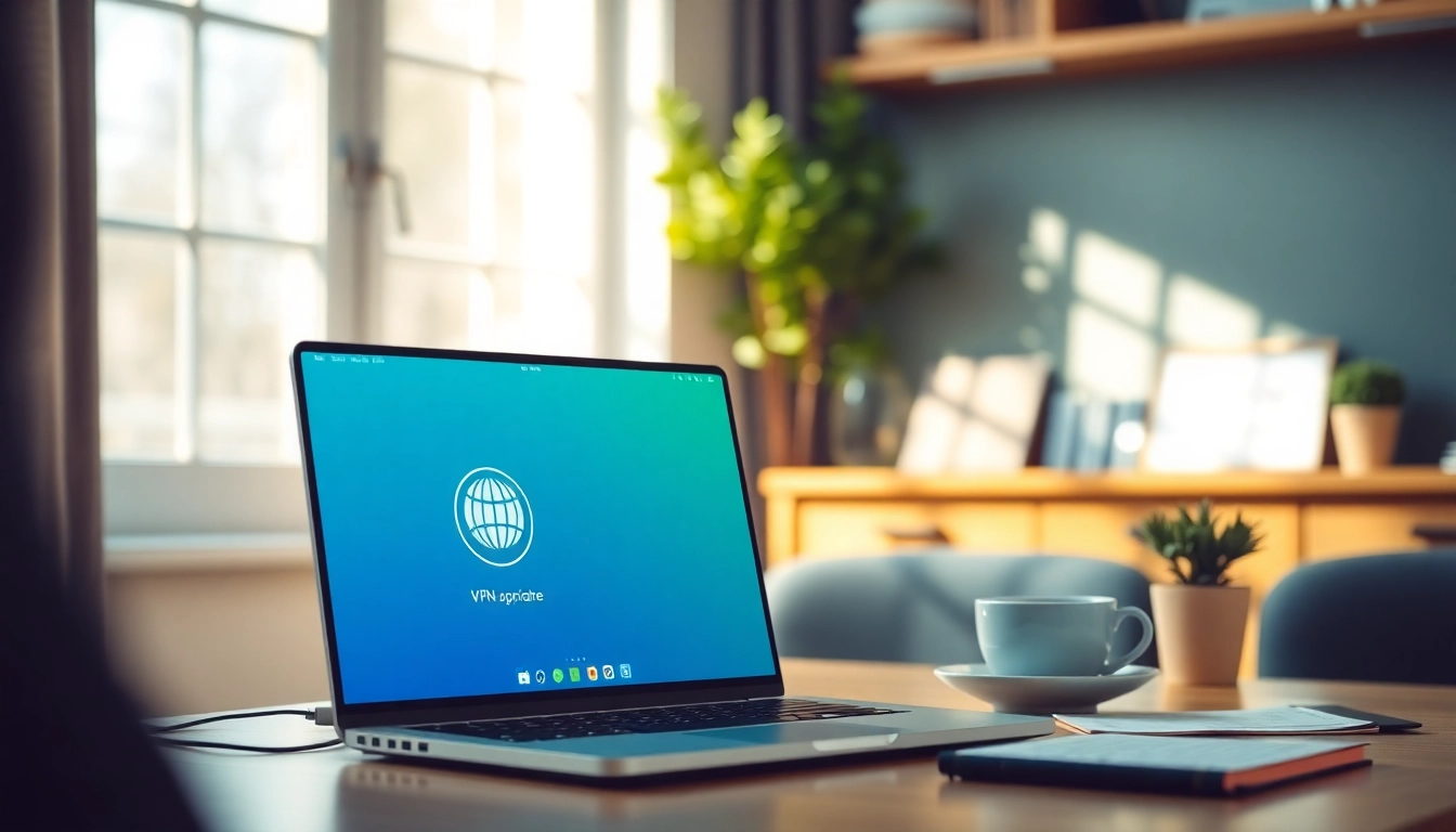 现代笔记本电脑上的快连 VPN 软件界面，置于光线充足的舒适家庭办公室环境中。