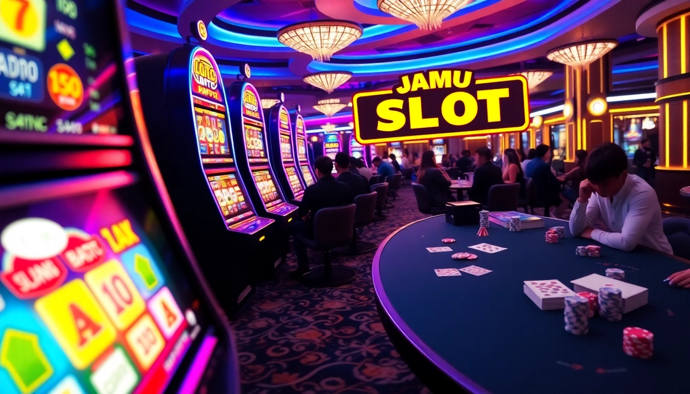 Experience the thrill of jamu slot gameplay with vibrant lights and an exciting casino atmosphere.