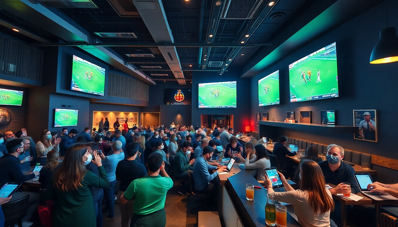 Exciting sports lounge atmosphere with 토토스토리 fans cheering during live matches.
