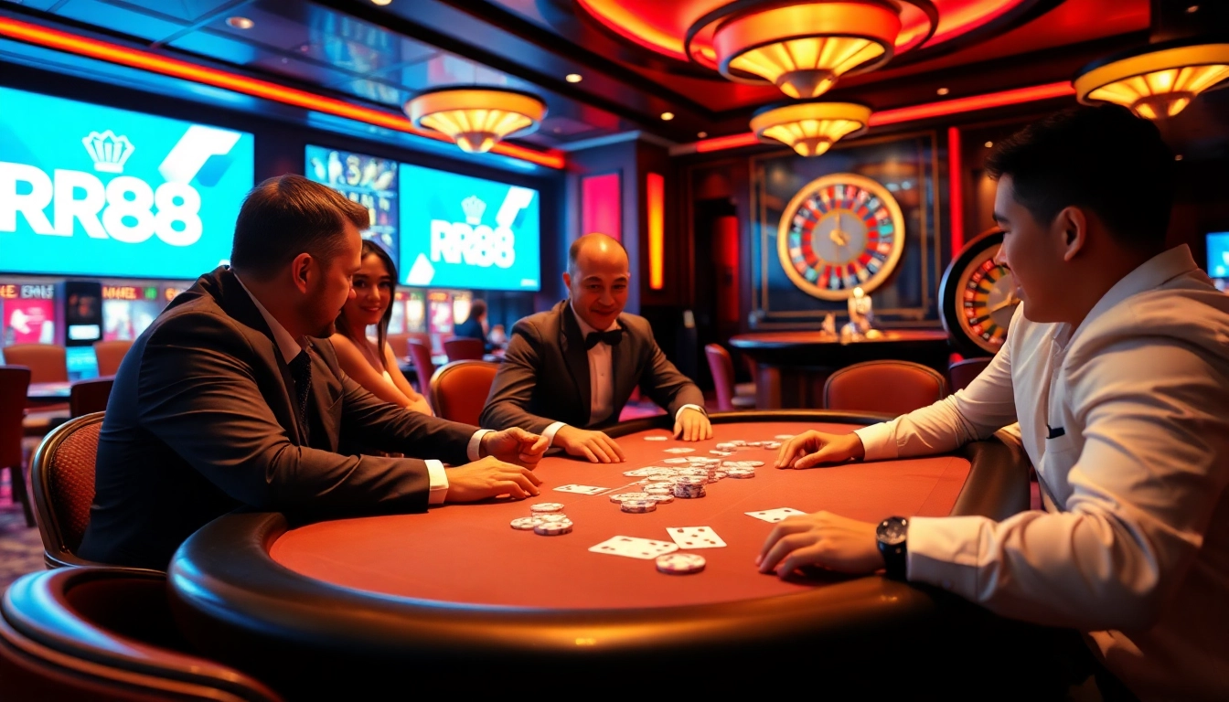 RR88 players engaging intensely at a high-stakes poker table in a vibrant casino atmosphere.