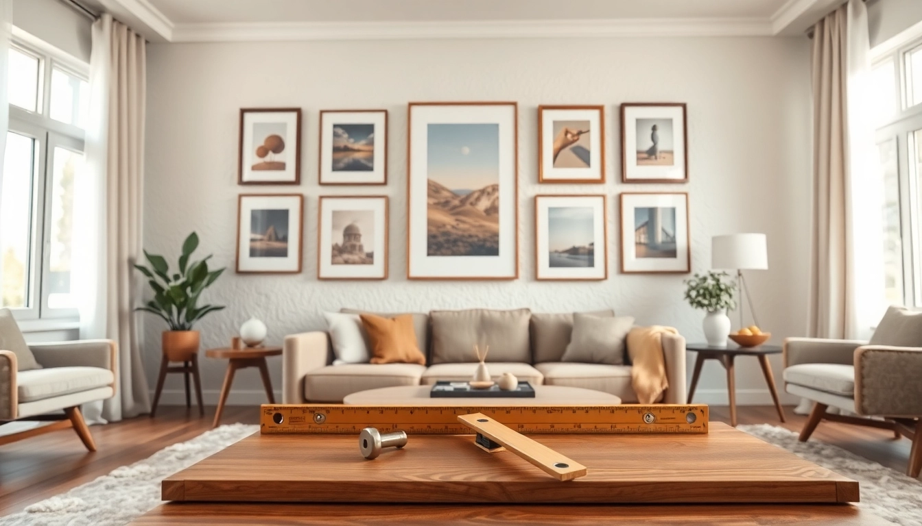 Expertly styled picture hanging arrangement showcasing framed art on a cozy wall.