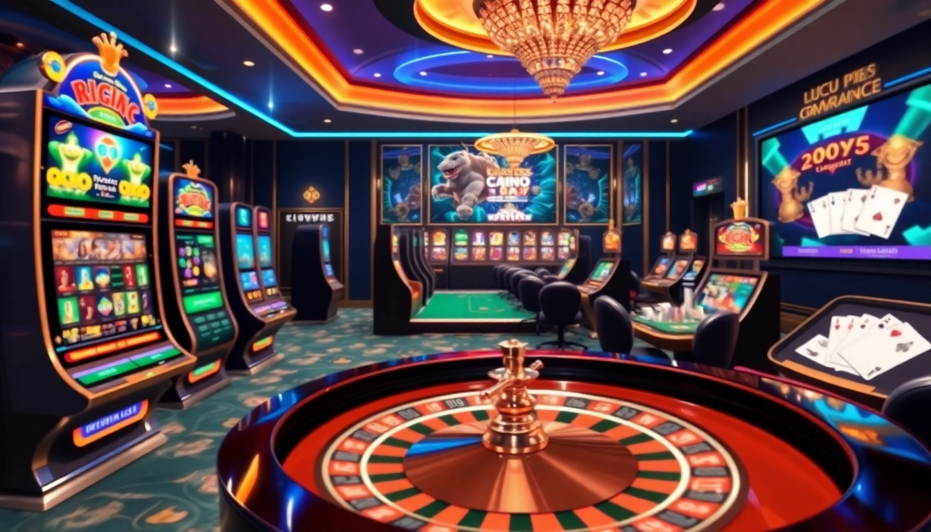 Jeu captivant dans un casino en ligne France avec des machines à sous vibrantes et une table de roulette.