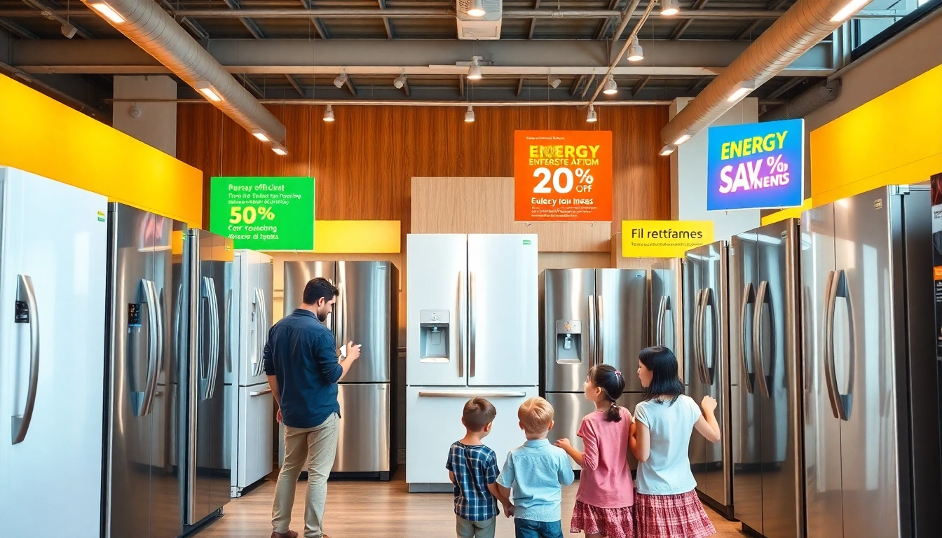Explore diverse refrigerator sales options in a vibrant retail display with energy-efficient models.