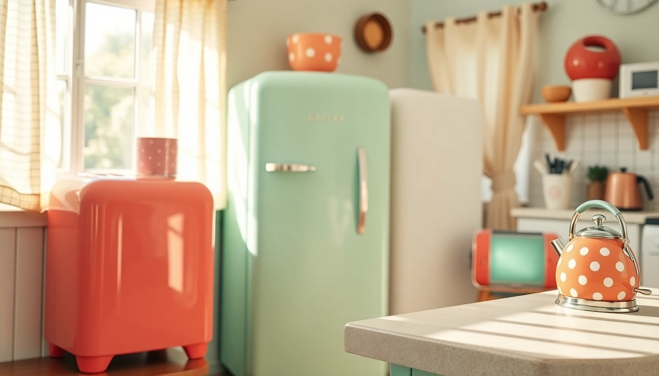 Showcasing a retro appliance in a beautifully arranged vintage kitchen.