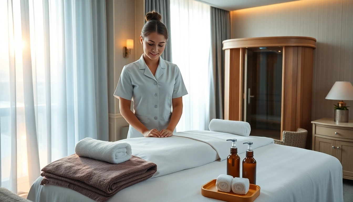 고요한 호텔 환경에서 러시아출장마사지 준비를 하고 있는 전문 러시아 마사지 치료사.