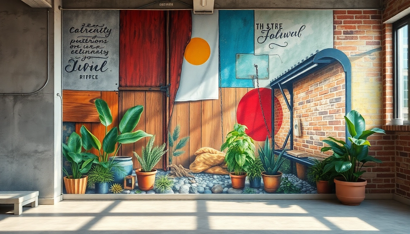 Mural prezentujący żywe tekstury betonu, drewna, szkła i metalu, ożywiający ściany.