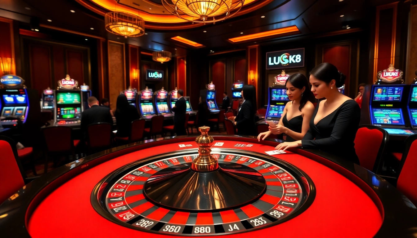 Experience LUCK8 excitement at a vibrant roulette table surrounded by luxury.