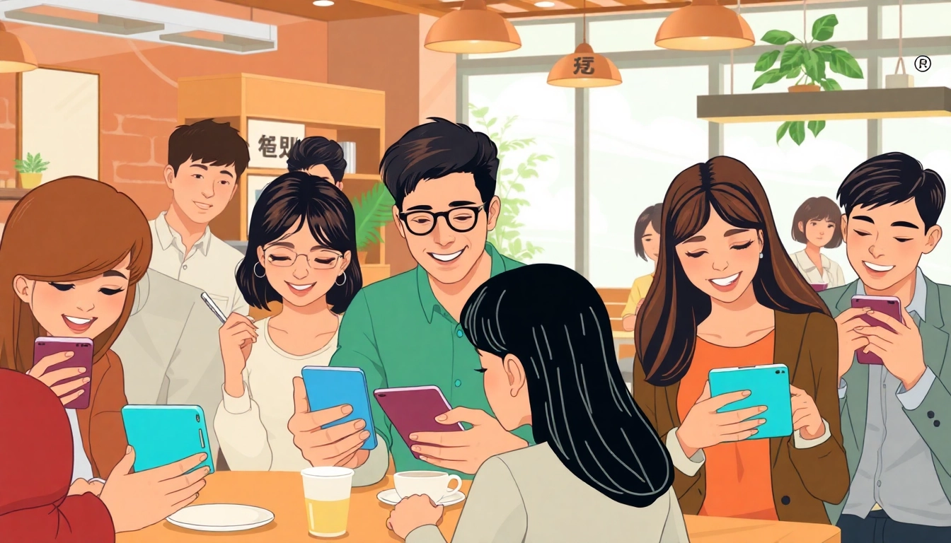A diverse group using 有道翻译 in a cozy coffee shop, showcasing app features.