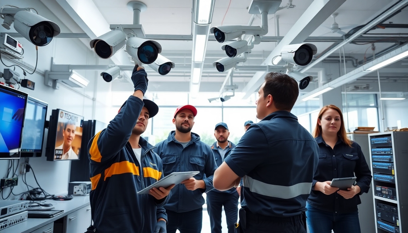 Equipo profesional de instalación de seguridad configurando CCTV y alarmas, que encarna la empresa de seguridad.