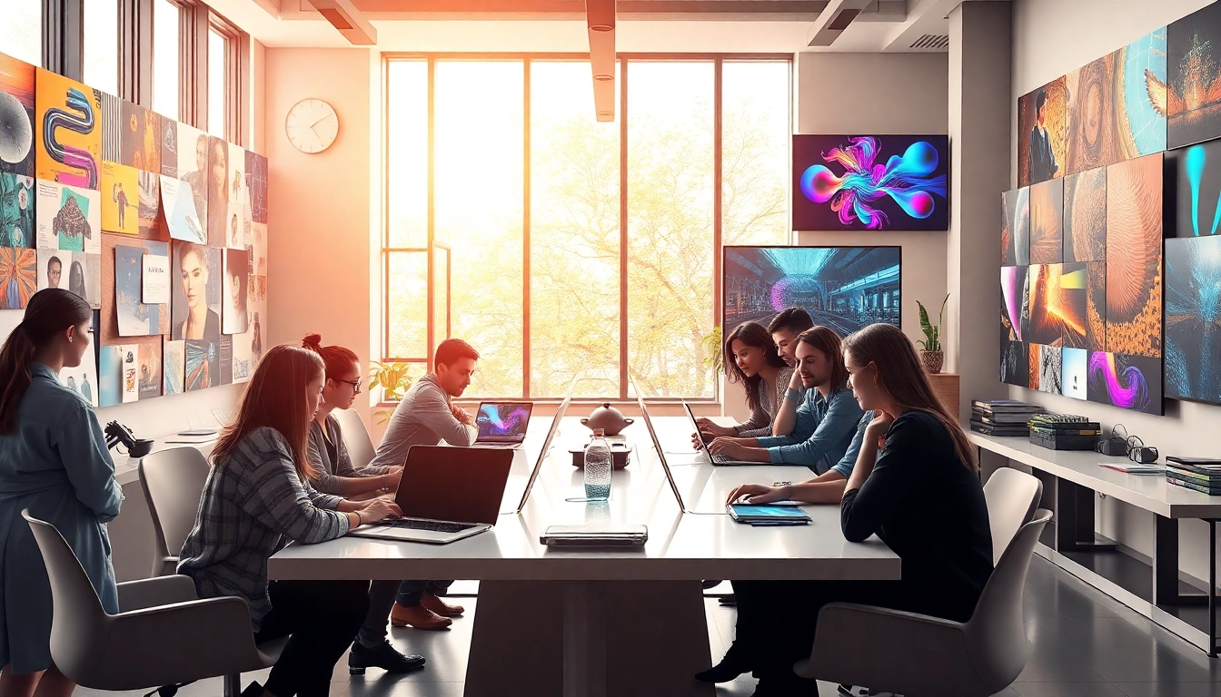 Image to prompt ai showcasing a modern creative workspace with diverse creators generating visual prompts.