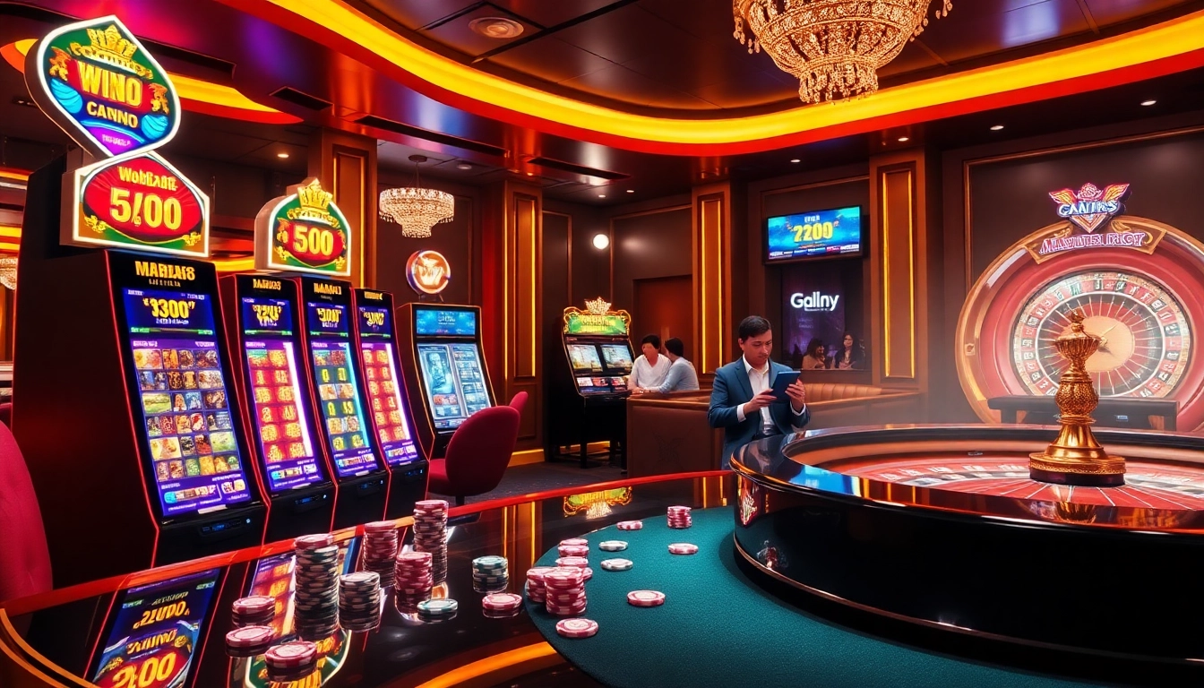 MABAR88 Win ditampilkan dalam adegan kasino mewah dengan mesin slot berwarna-warni dan chip poker.