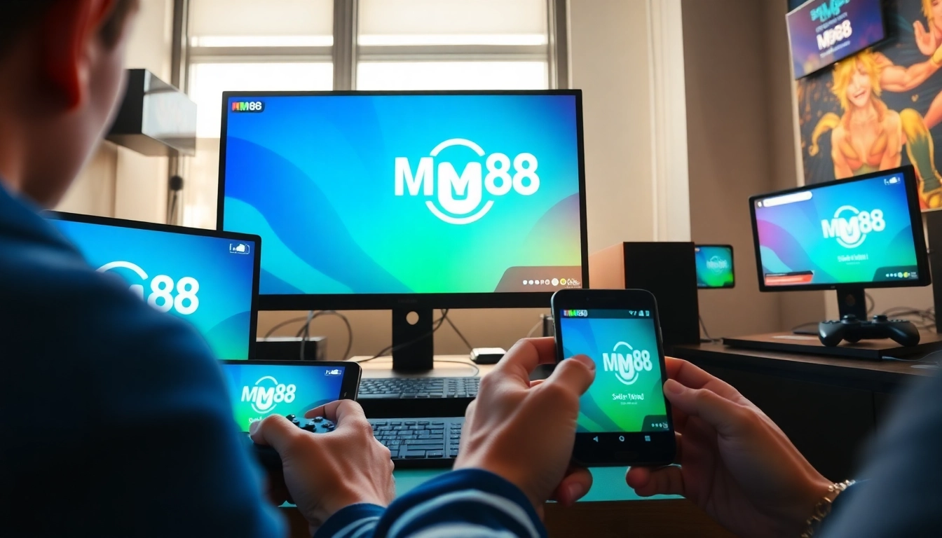 MM88 online gaming environment showcasing multiple devices, emphasizing security and user engagement.