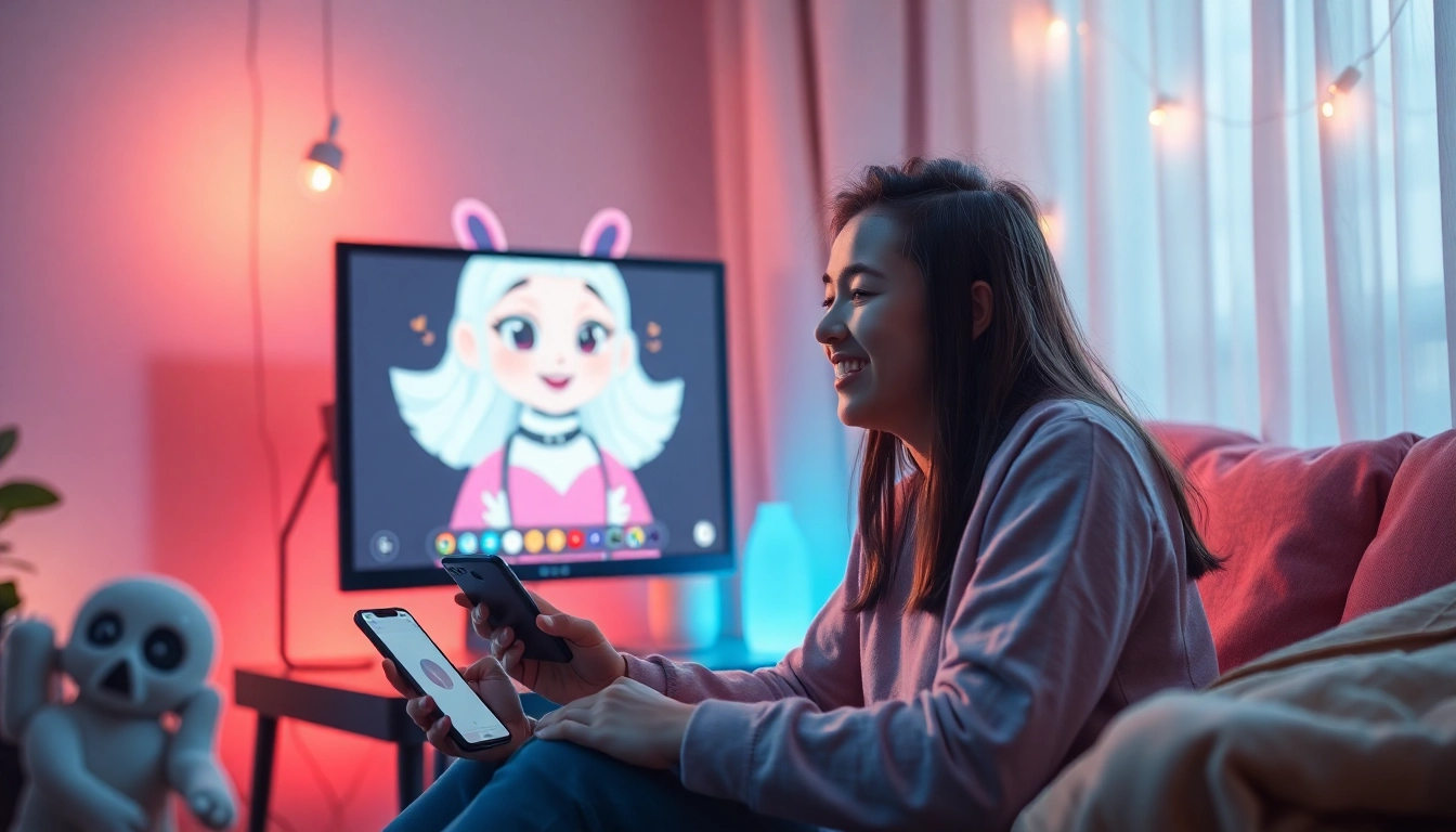 Engaging interaction with an AI girlfriend, showcasing companionship in a cozy setting.