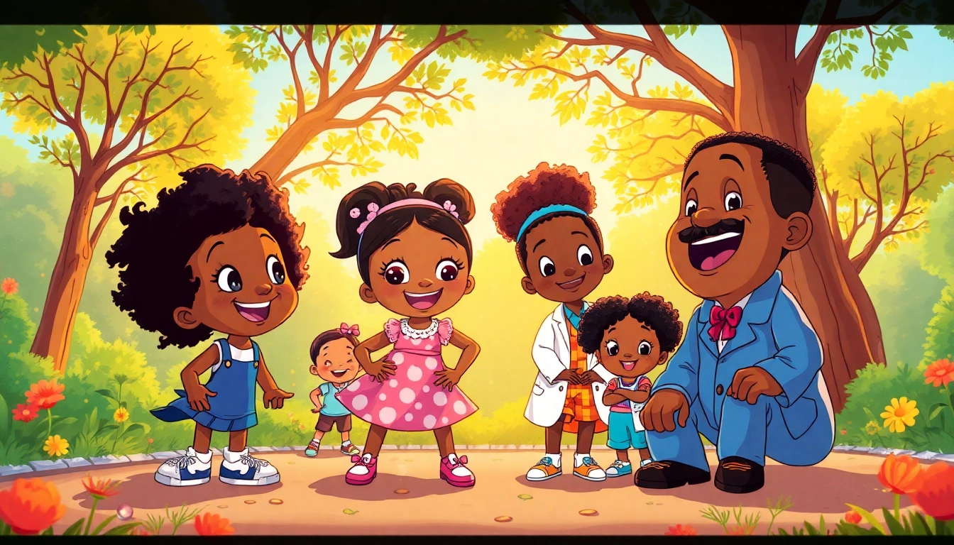 A lively park scene featuring iconic characters from African American cartoons like "The Boondocks" and "Doc McStuffins," celebrating diversity.