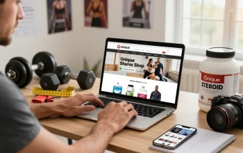 Shop at Unique Pharma Steroid Shop with fitness equipment and motivational elements.